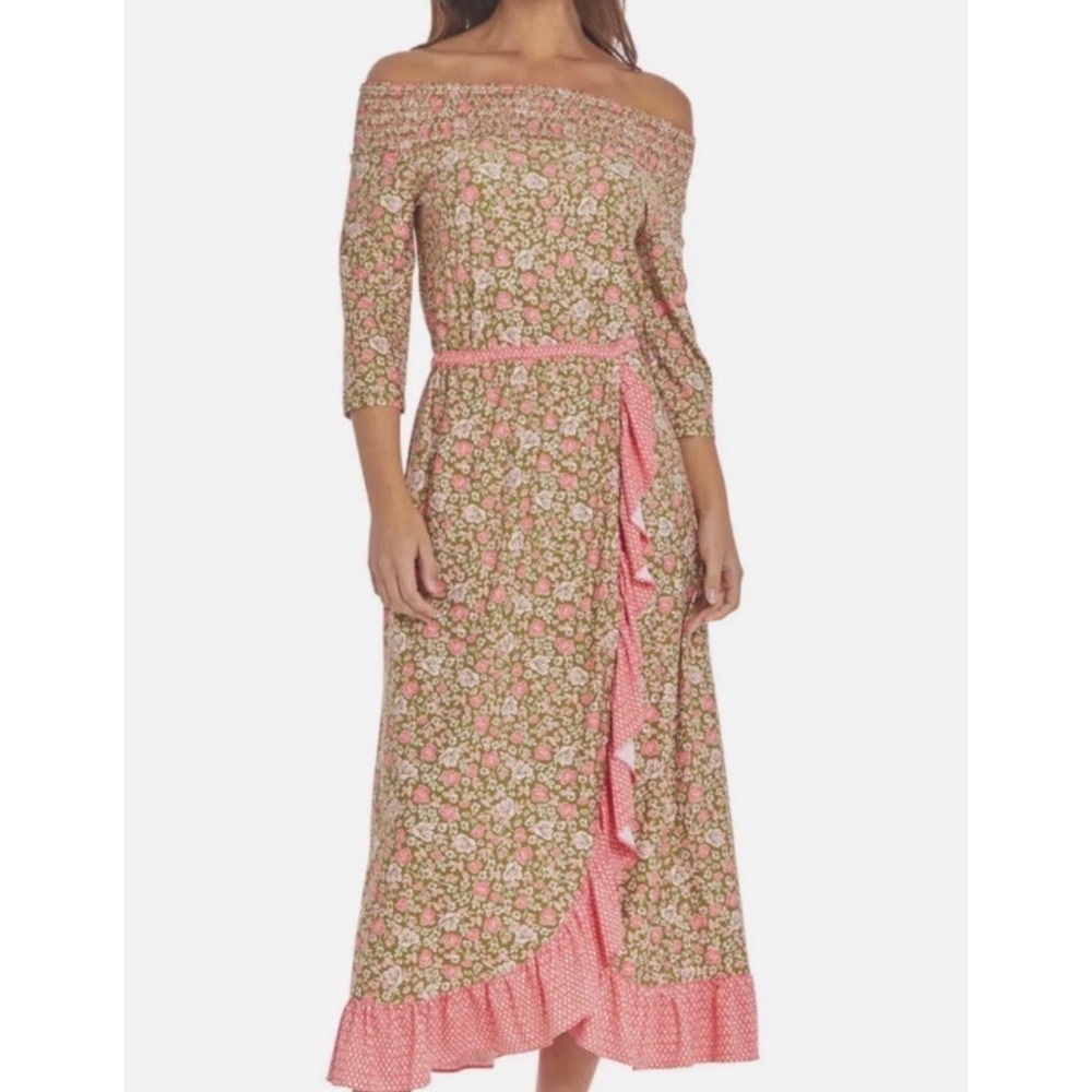 Cabana Life Jetties Off The Shoulder Maxi Dress Floral Green Pink XL 140-JB22